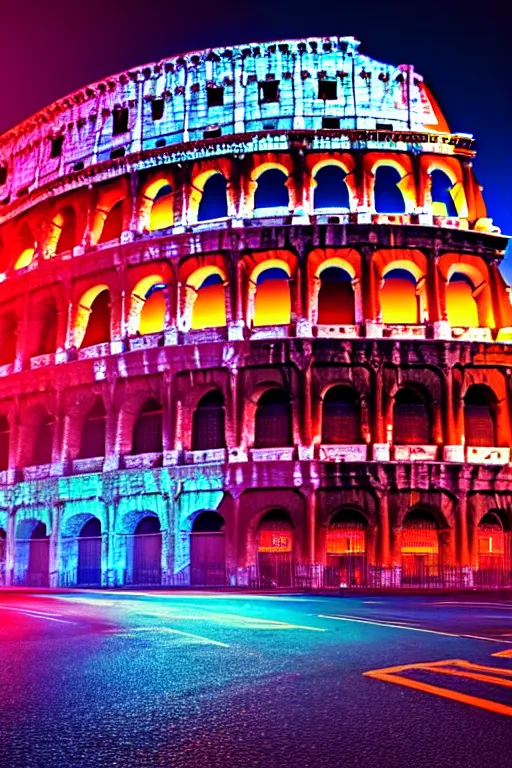 Prompt: neon streets of rome with colosseum in background, 4 k, award winning photo, cyberpunk style