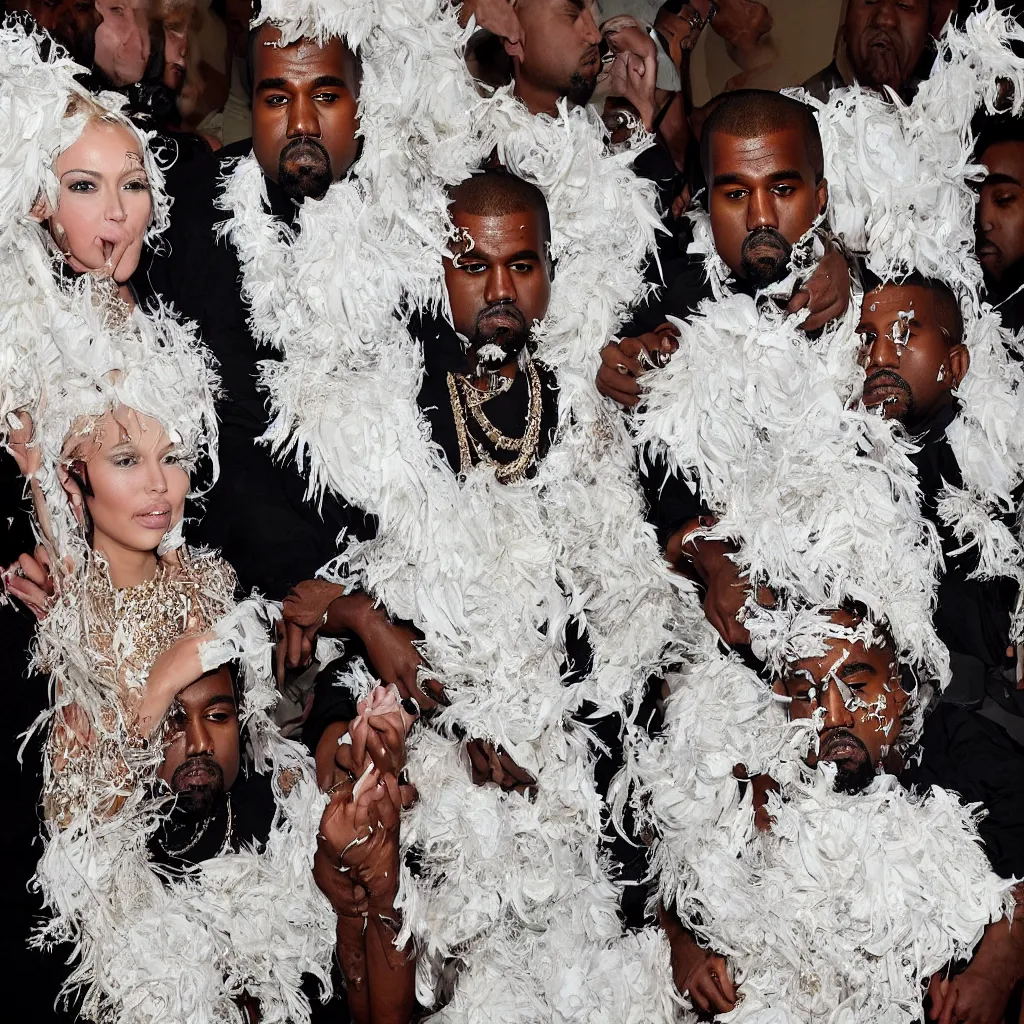 Image similar to kanye west and lil naz x making various facial expressions _ with _ a _ decorated _ dress _ made _ of _ white _ pearls _ and _ white _ plumes _ of _ swan _ highly _ detailed _ digital _ painting