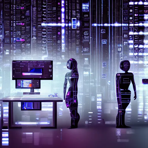 Prompt: human cyborgs wired into a wall of computers, cyberpunk noir