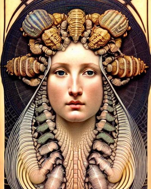 Image similar to hyperrealistic detailed face portrait of the beautiful goddess of the giant isopods with an intricate golden ornamental geometrical fractal giant isopod headdress, art by ernst haeckel, john william godward, android jones, alphonso mucha, h. r. giger, gothic - cyberpunk, ornamental, dimmed pastel colours,