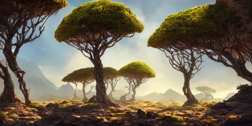 Prompt: Lively landscape of a socotra island filled with socotra dragon trees, realistic detailed digital art by Maxwell Boas Jessica Rossier Christian Dimitrov Anton Fadeev trending on Artstation CGSociety rendered in Unreal Engine 4k HQ