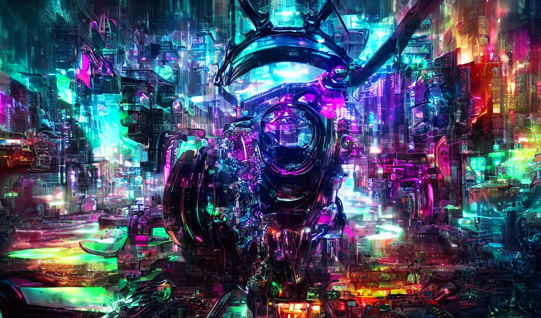 Prompt: complex cyberpunk machine background merged with one evil cybernetic goat head in center focus, multicolored digital art