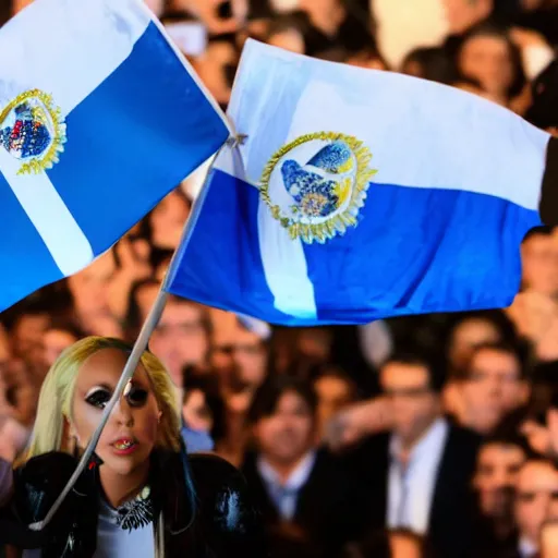 Image similar to Lady Gaga as president, Argentina presidential rally, Argentine flags behind, bokeh, giving a speech, detailed face, Argentina