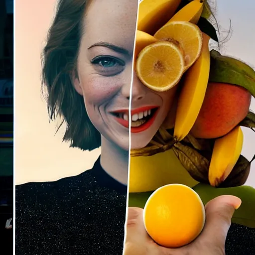 Prompt: emma stone, with a mango fruit instead of her body, fused together, mango costume, full shot photo, photoshopped, ripe fruit, giuseppe arcimboldo