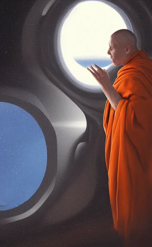 Prompt: portrait of a blind monk in a spaceship, looking out the window at a planet, orange robe, dramatic lighting, artstation, matte painting, johannes vermeer