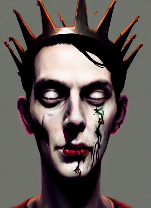 Image similar to portrait of zombie jughead jones wearing a light grey crown, photorealistic, zombie, crown, eyes closed, crown, black hair, intricate, elegant, glowing lights, highly detailed, digital painting, artstation, concept art, sharp focus, illustration, art by wlop, mars ravelo and greg rutkowski