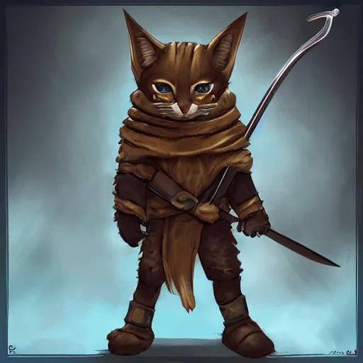 Prompt: hooded tabaxi wearing armor holding a sword, digital art