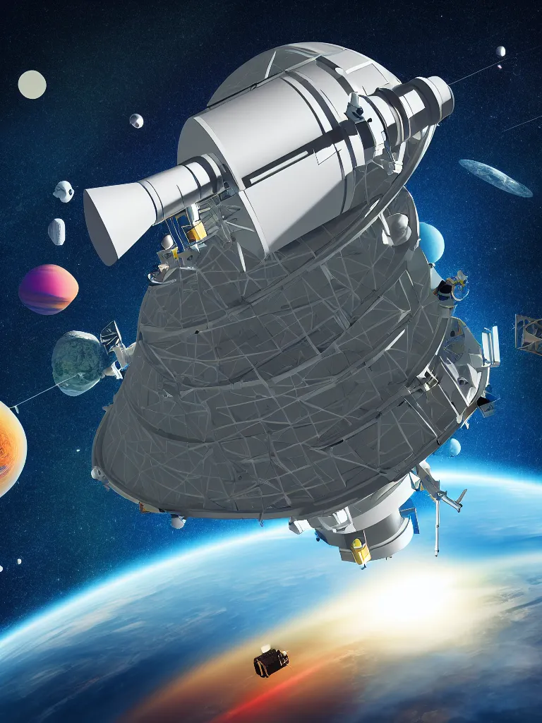 Prompt: editorial illustration scientific lab test tube telescope microscope spaceship artificial satellite, dynamic composition, detailed, matte print, dynamic perspective, colorful modern, mads berg