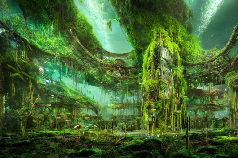 Image similar to high - tech atlantean scifi ruins in the jungle covered in moss, hologram projections, forest spirits dancing, fantasy concept art