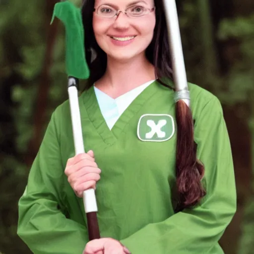 Image similar to a nurse with long brown hair and wearing green scrub nurse uniform riding on a broomstick like a witch