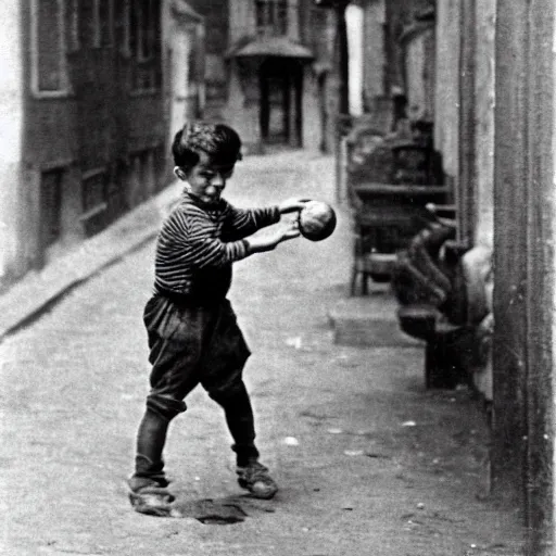 Prompt: a boy playing with a ball in the street in 1 9 2 0