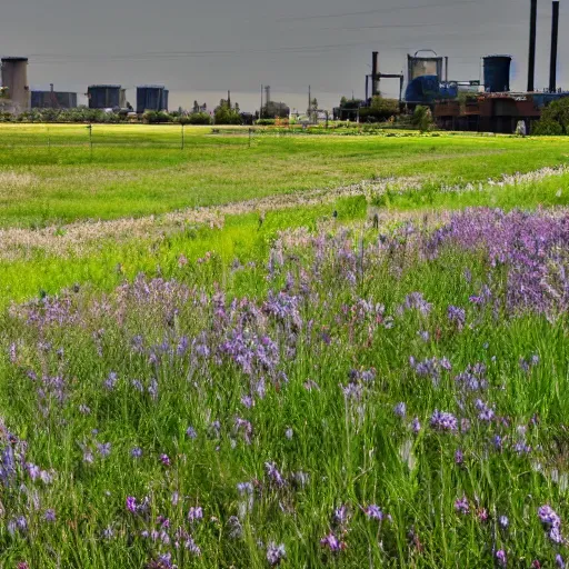 Image similar to a beautiful meadow in the middle of dirty industrial complex,