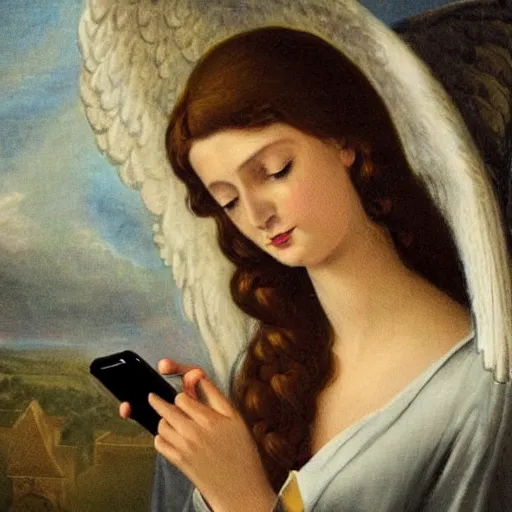 Prompt: the angel of history checking her phone, photo