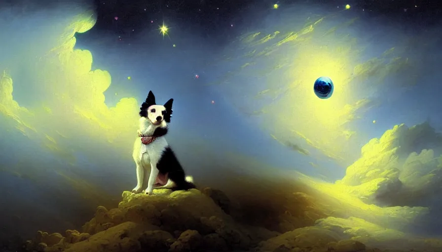 Image similar to highly detailed painting of cute baby border collie puppy astronaut cosmonaut wearing a spacesuit by ivan aivazovsky, thick brush strokes and visible paint layers, 4 k resolution, outer space nebula background