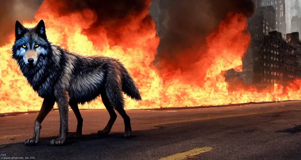 Prompt: A beautiful hyper realistic ultra detailed lifelike matte painting of a scruffy black Timber Wolf standing in the middle of a post-apocalyptic New York City street with cars and buildings engulfed in flames on fire, unreal engine, deviantart, flickr, artstation, octane render, textured, colorful, extreme realistic detail, physically based rendering, pbr render, very detailed, volumetric lighting, detailed lighting, octane render, 4k, cinematic lighting, 8k resolution