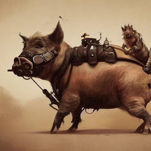 Prompt: A biker pig with a beard next to other biker animales bikers, hyperrealistic, greg rutkowski, trending in artstation, cinematographic