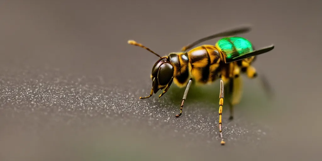 Prompt: Macro shot of a hornet, green, mutant, radioactive, national geographic, award winning, shallow depth of field