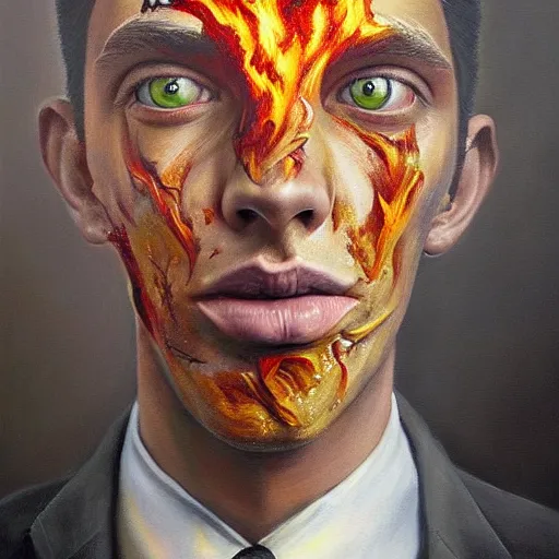 Prompt: a hyper realistic painting of a calm young man in a burning business suit, his clothes are burning, full body painting, long shot, coherent symmetrical eyes, by jeffrey smith, by andrea kowch, by steve henderson, masterpiece, trending on artstation,