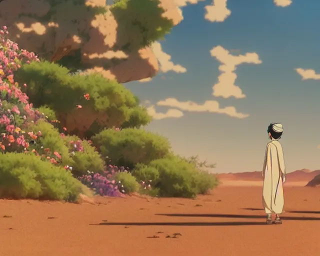 Image similar to an arabic man in the desert with wildflowers, makoto shinkai, loish, studio ghibli, tooth wu