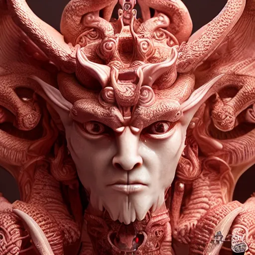 Image similar to a closeup portrait photo, alabaster and ruby real delicate ceramic porcelain sculpture of an ornate detailed humanoid dragon demon devil god in front of an intricate background by rafael, micro detail, backlit lighting, subsurface scattering, translucent, thin porcelain, fire, flames, amber, octane renderer, colorful, physically based rendering, trending on cgsociety