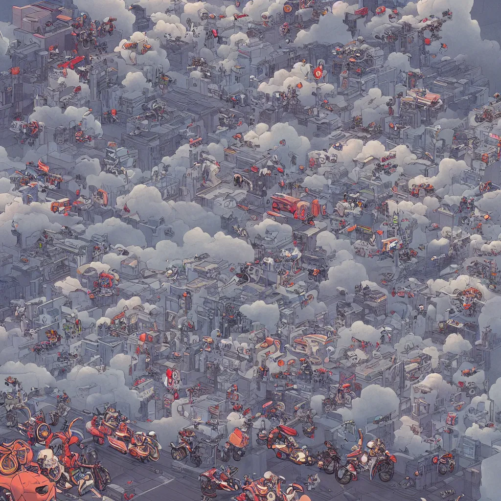 Image similar to a city in the clouds, a highway weaving through the clouds with a group of motorcycles riding down the road, by james jean