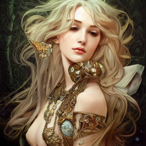 Image similar to a photograpic portrait of a pretty woman, steampunk, fantasy, intricate, elegant, highly detailed, digital painting, artstation, concept art, smooth, sharp focus, illustration, art by artgerm and H R Giger and alphonse mucha