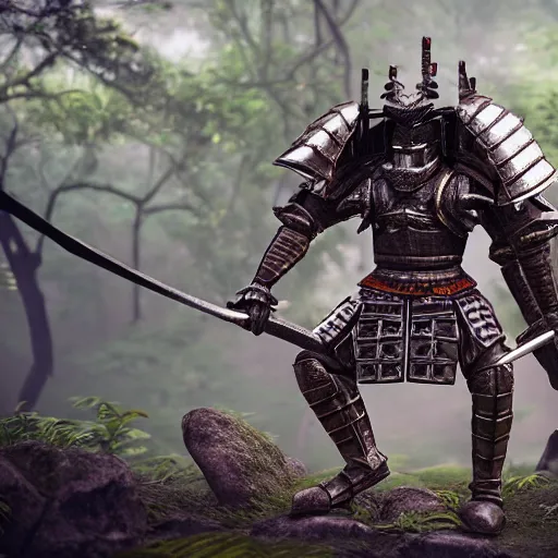 Image similar to a heavily armored samurai, in the jungle, realistic octane render, high detail