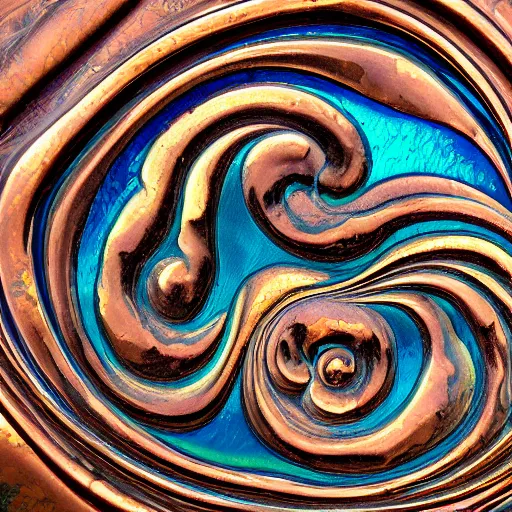 Image similar to Art Nouveau cresting oil slick waves, hyperdetailed bubbles in a shiny iridescent oil slick wave, ornate copper patina medieval ornament, rococo, baroque spirals