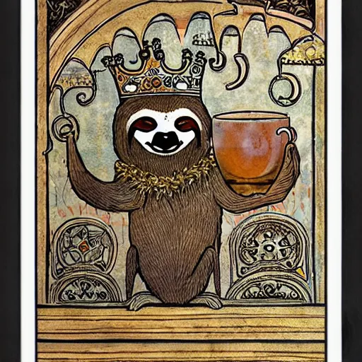 Image similar to sloth as the king of cups, framed, intricate details, medieval art style, high contrast, posterized