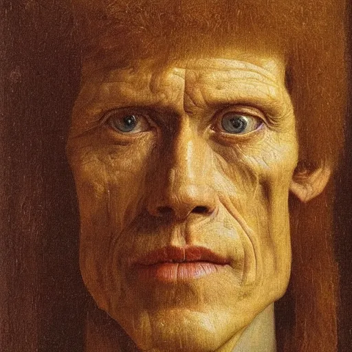 Image similar to portrait of willem dafoe, oil painting by jan van eyck, northern renaissance art, oil on canvas, wet - on - wet technique, realistic, expressive emotions, intricate textures, illusionistic detail