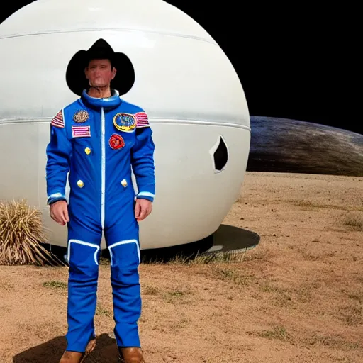 Prompt: a cowboy standing in front of his spaceship and wearing a spacesuit designed by NASA