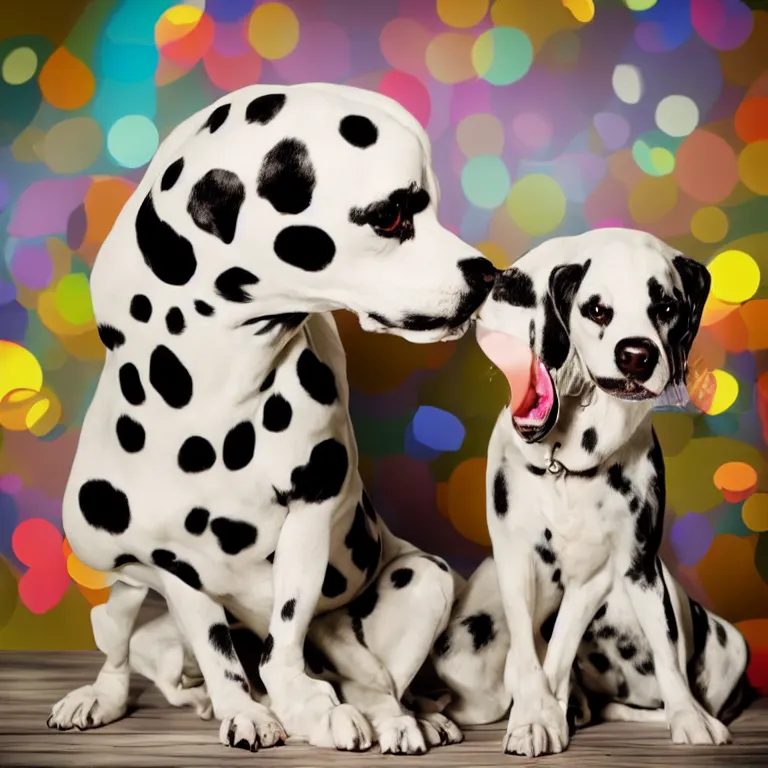 Image similar to vogue photoshoot octane render of 1 0 1 dalmatian with white background, focus bright colorful pastel exotic vintage boutique hotel lounge, very short depth of field, bokeh