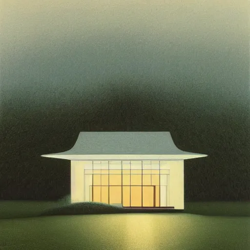 Image similar to painting by by Quint Buchholz, atmospheric cozy futuristic organic white concrete house in the middle of a lush and dense forest at night, a beautiful lake next to it, night time, night sky, starry night sky, by Quint Buchholz