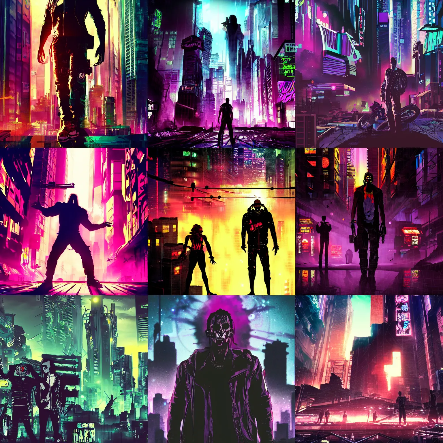 Prompt: cyberpunk dead city silhouettes, dark dying dramatic shadows, galaxy high detail vivid color, styleize 2 0 0 0 0, many men stand on the junk tunk
