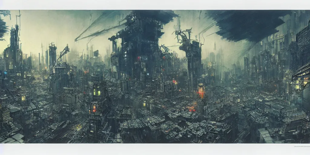 Prompt: concept art of city of midgar from final fantasy 7, rapture, dark atmosphere, hanafuda oil on canvas by ivan shishkin, james jean and yoji shinkawa