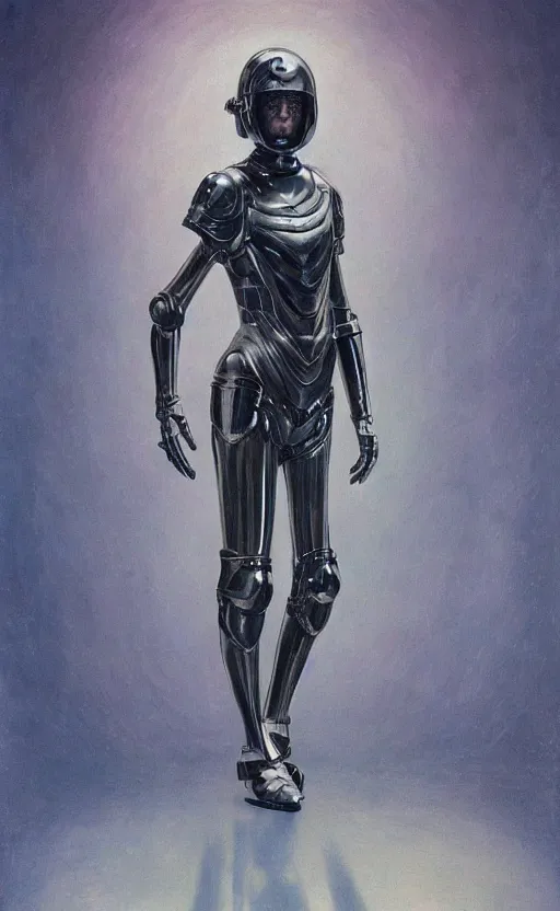 Prompt: full body portrait of beautiful gothic and futuristic fashion model, elegant smooth space armour, cyber armour, helmet, highly detailed, artstation, illustration, composition, 8 k quality, art by jean delville, rene magritte, hyperrealism oil painting