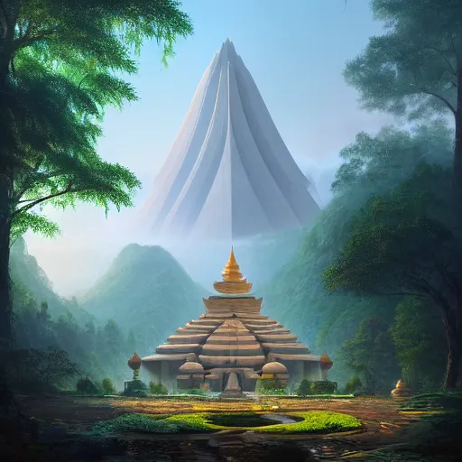 Image similar to A beautiful hyper realistic detailed matte painting of a lotus shaped temple nestled in forest mountains by John Howe and Albert Bierstadt and Alena Aenami and dan mumford and dave noton, unreal engine, trending on behance