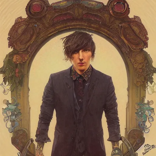 Image similar to oliver sykes on stage portrait by Stanley Artgerm Lau, greg rutkowski, thomas kindkade, alphonse mucha, loish, norman Rockwell