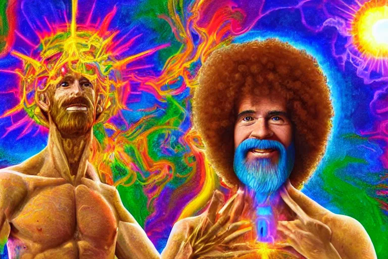 Prompt: google satellite view of a god transubstantiating into a human being, highly detailed, realistic, illustrated by bob ross and lisa frank