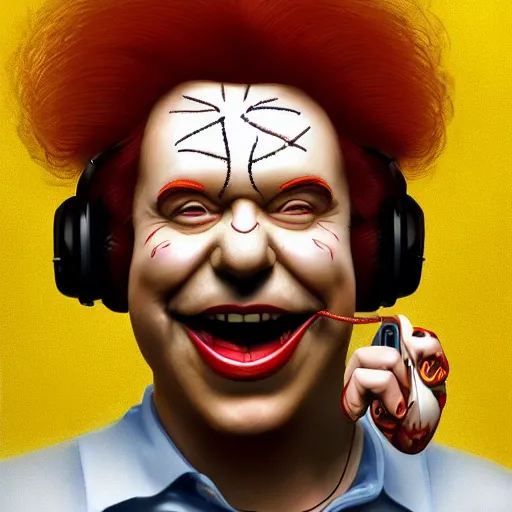 Image similar to a portrait of radio disk-jockey Ronald McDonald (Alex Jones) yelling at a phone, symmetrical facial features, intricate, elegant, highly detailed, digital painting, trending on Artstation, concept art, smooth, sharp focus, illustration, in the style of artgerm and greg rutkowski and alphonse mucha