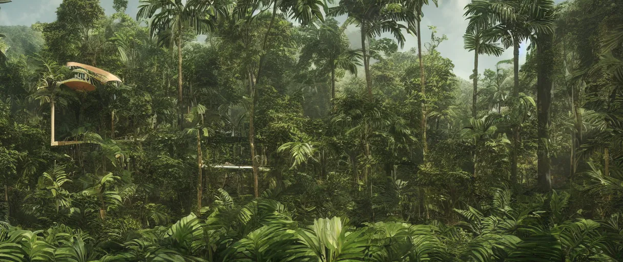 Image similar to architecture inspired by renzo piano deep in the rainforest. nature is taking over. matte painting. unreal engine 5 render. hdr. volumetric lighting. global illumination. atmospheric.