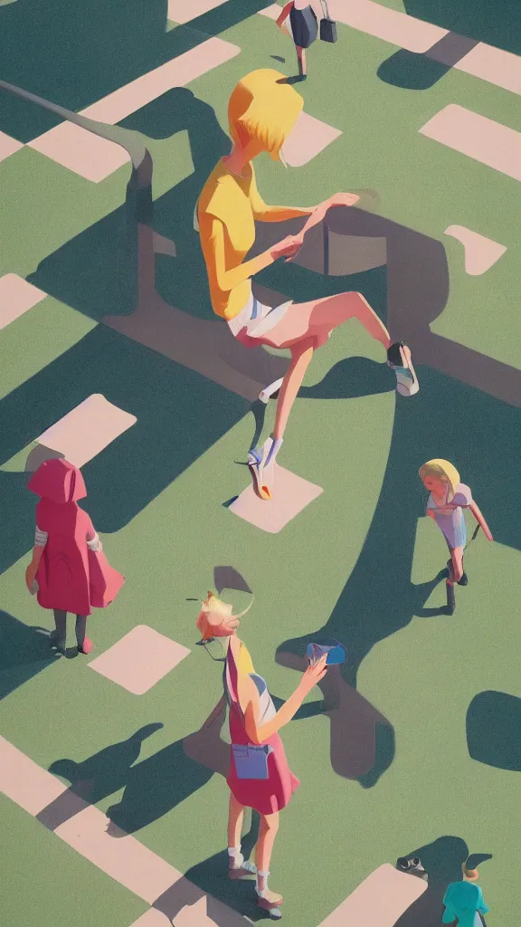 Image similar to tall blonde girl alone in playground, fun whimsical surreal illustration, by atey ghailan and escher and edward hopper,