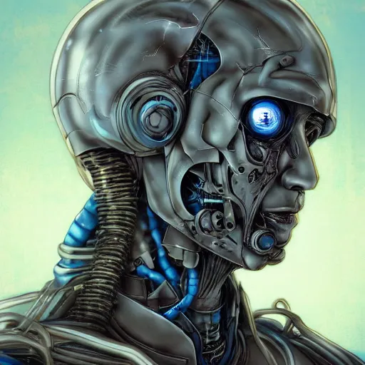 Image similar to Male cyborg, battle-damaged, scarred, wearing facemask, youthful face, bored expression, blue eyes, sterile background, head in profile, sci-fi, wires, cables, gadgets, Digital art, detailed, anime, artist Katsuhiro Otomo