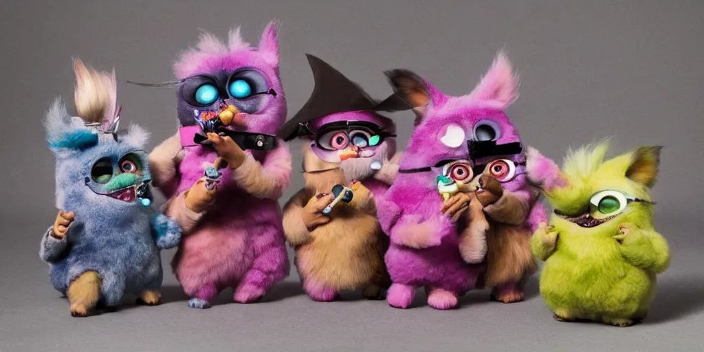 Prompt: a small group of furbies smoking cannabis!!!!! furbies with bongs!! smoking pipes!! and joints!!, smoke! fills the air of a small room, studio lighting, photograph