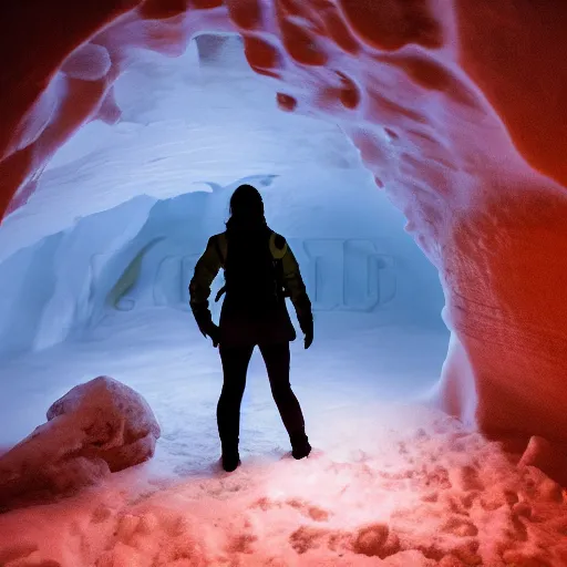 Image similar to ice cave. dramatic orange lighting. photo realistic. lone sihouette of a woman explorer.