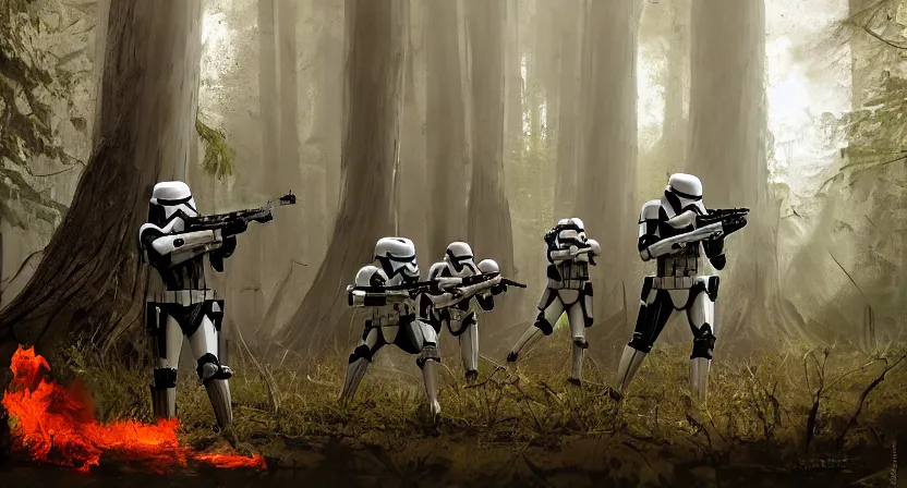 Image similar to imperial stormtroopers shooting red blaster bolts in barren lifeless forest with burned trees concept art by Doug Chiang cinematic, realistic painting, high definition,very detailed, extremely high detail, photo realistic, concept art, unreal engine 5, the Mandalorian concept art style