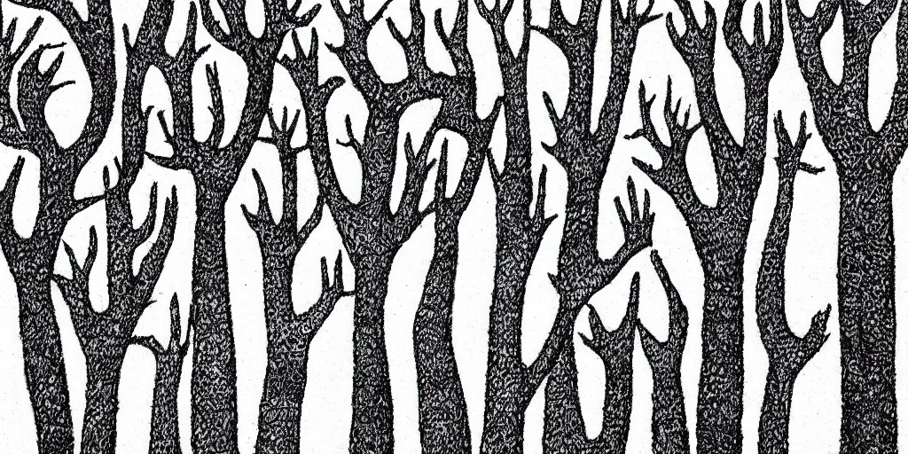 Image similar to hands stretched to form trees, grayscale, stippling