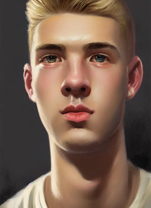 Prompt: portrait of a teenage boy named moose mason, blonde short hair, jock, beefy, square jaw, square facial structure, 1 9 5 0 s, intricate, elegant, glowing lights, highly detailed, digital painting, artstation, concept art, smooth, sharp focus, illustration, art by wlop, mars ravelo and greg rutkowski