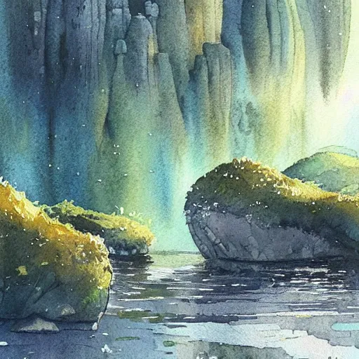 Prompt: beautiful natural scene filled with happy picturesque charming organic sci - fi pod homes. water, trees and rocks. beautiful light. grainy and rough. soft colour scheme. beautiful artistic detailed watercolor by lurid. ( 2 0 2 2 )