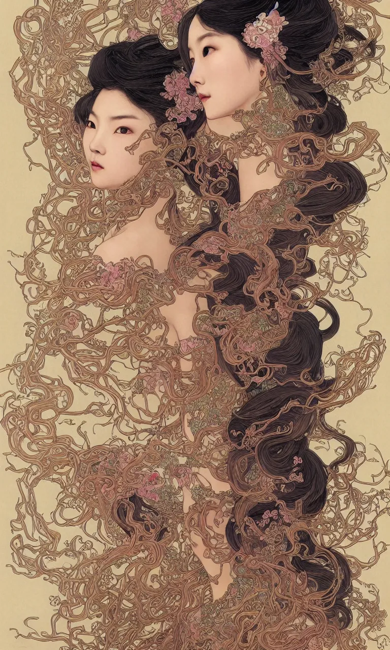 Prompt: a beautiful portrait of an ancient chinese princess, flowing hair, fantasy, regal, intricate, art nouveau, swirly intricate linework background by stanley artgerm lau, greg rutkowski, victo ngai, alphonse mucha, loish, norman rockwell